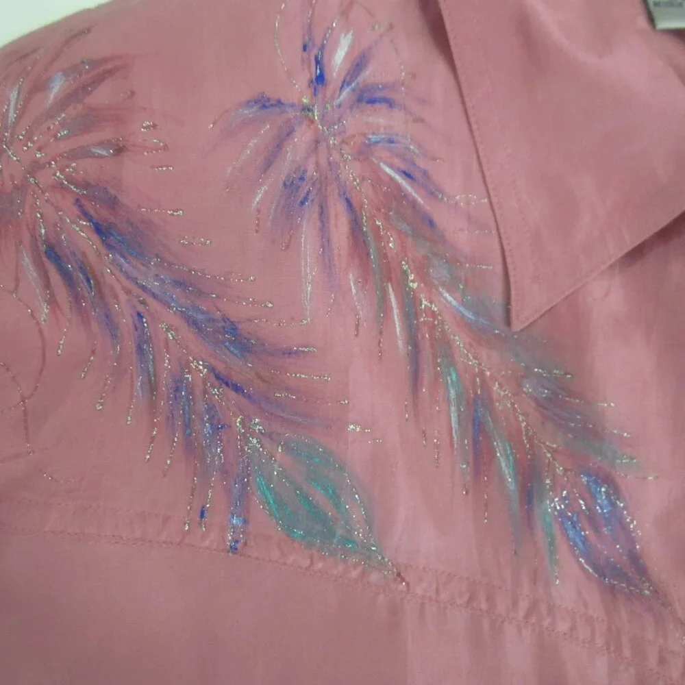 Vtg Wanted Women M Mauve Pink Painted Metallic LS Silk Western Cowboy Shirt - Picture 5 of 14